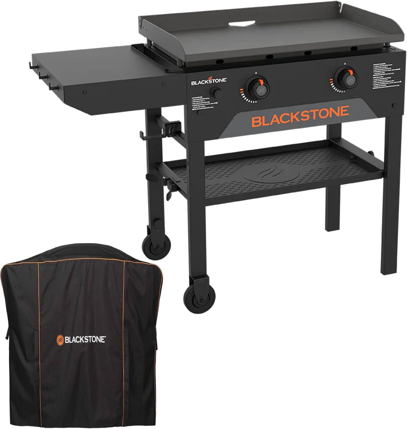 Blackstone 28 Inch Original Omnivore Griddle 2365, Blackstone 2 Burner Outdoor Flat Top Grill with Blackstone 5467 Patio Series Griddle Cover, Blackstone Accessories, Seasoning, and Blackstone Gloves