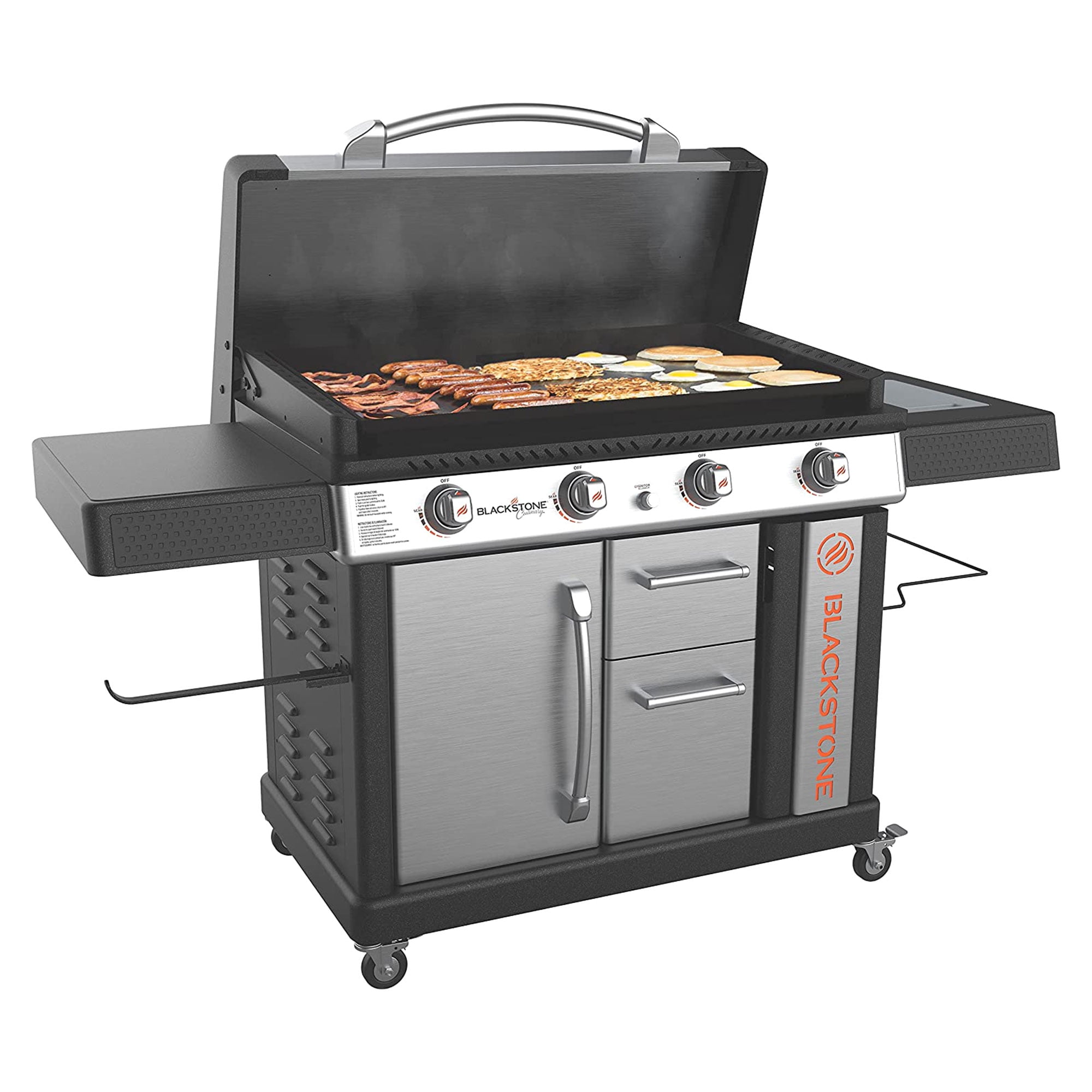 Blackstone 36 Cooking Station 4 Burner Propane Fuelled Restaurant Grade  Professional 36 Inch Outdoor Flat Top Gas Griddle with Built in Cutting  Board, Garbage Holder and Side Shelf (1825), Black 