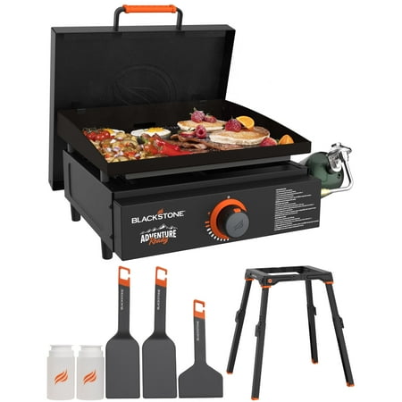 Blackstone Adventure Ready 17” Propane Griddle with Hard Cover + Blackstone Griddle Leg Kit with Adjustable Legs and Base, 1-Piece + Blackstone Adventure Ready Camping Griddle Tool Kit, 5-Piece