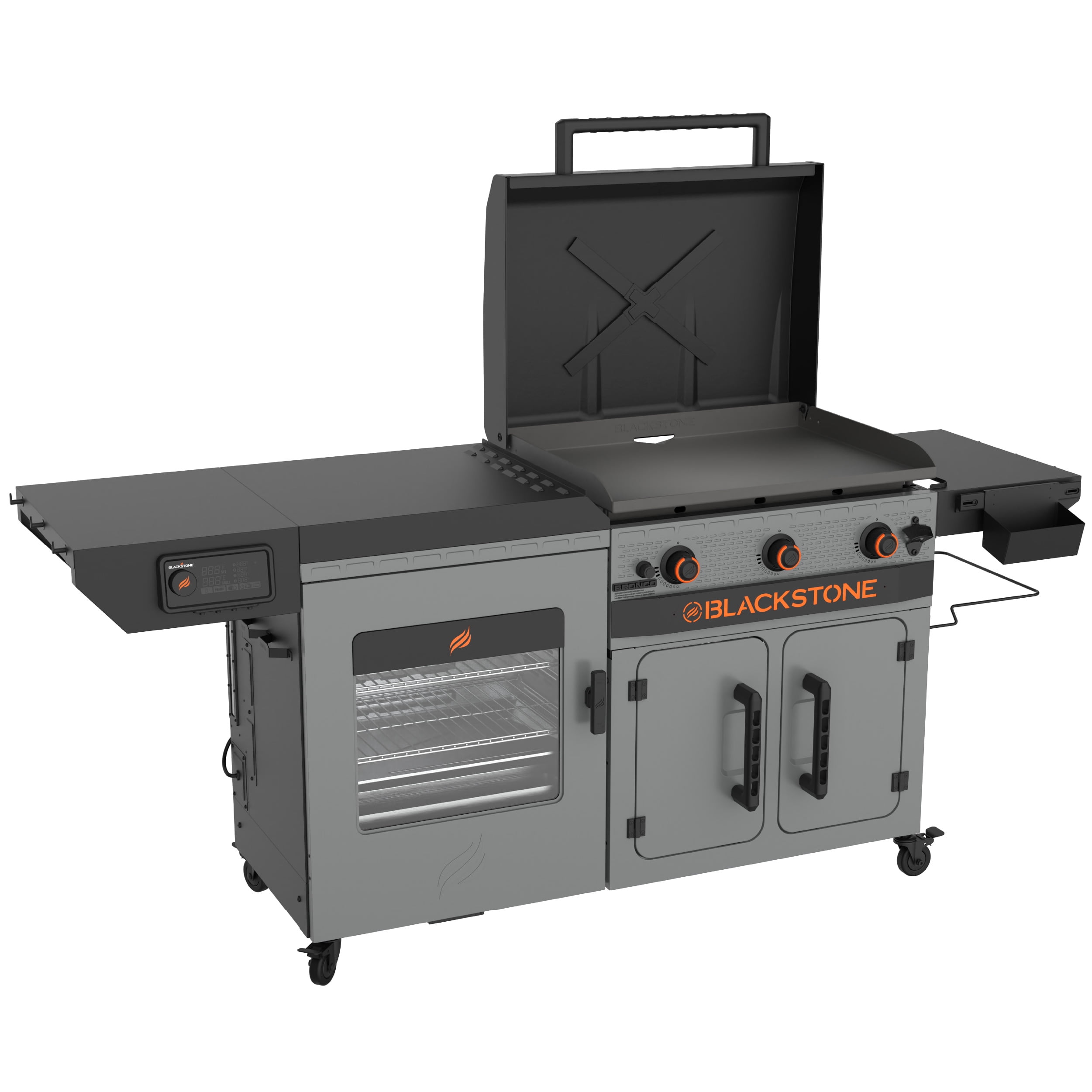 Blackstone Bronco 3-Burner 28" XL 3-in-1 Propane Griddle, Vertical Smoker, and Prep Cart Combo
