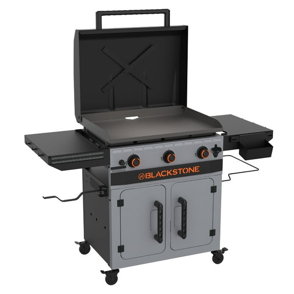 Blackstone Bronco Outdoor Griddle, 3-Burner 28" XL Propane Flat Top Grill with Side Shelves and Cabinet, Gray