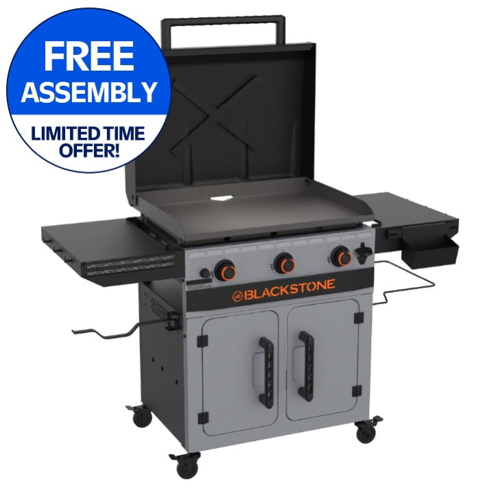 Blackstone Bronco Outdoor Griddle, 3-Burner 28" XL Propane Flat Top Grill with Side Shelves and Cabinet, Gray