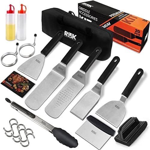 Blackstone Griddle Accessories Kit, 20 PCS Flat Top Griddle Accessories Set with Anti-Scalding Long Handle Metal Spatula, Griddle Scraper, Cleaning Kit, e-Cookbook for Blackstone and Camp Chef