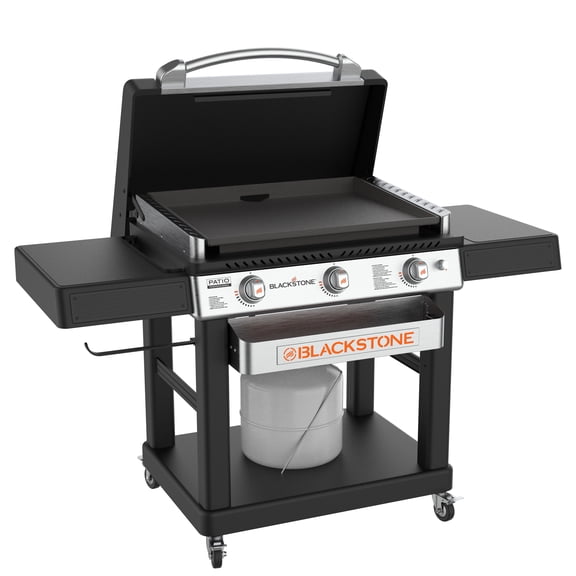 Blackstone Patio Pro 3-Burner 28" XL Griddle Cart Propane Griddle Grill with Hood and Front Tray in Stainless Steel and Black