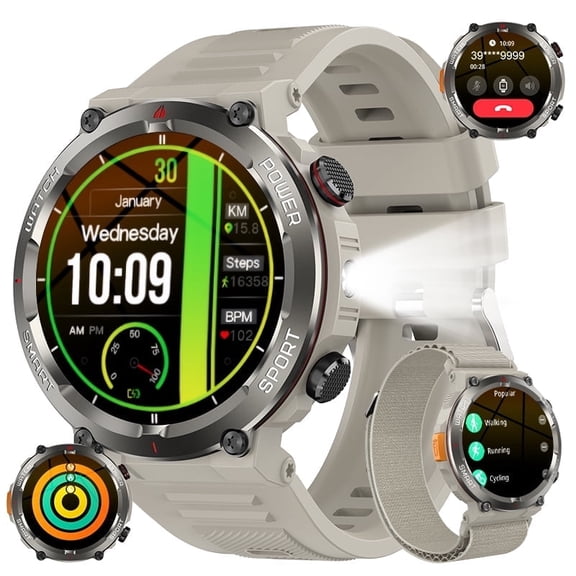 Blackview 1.45" Military Smart Watch for Men,100+ Sport Modes/Call Receive/Dial/Flashlight/ Waterproof,Smartwatch fits for iPhone Android,Khaki