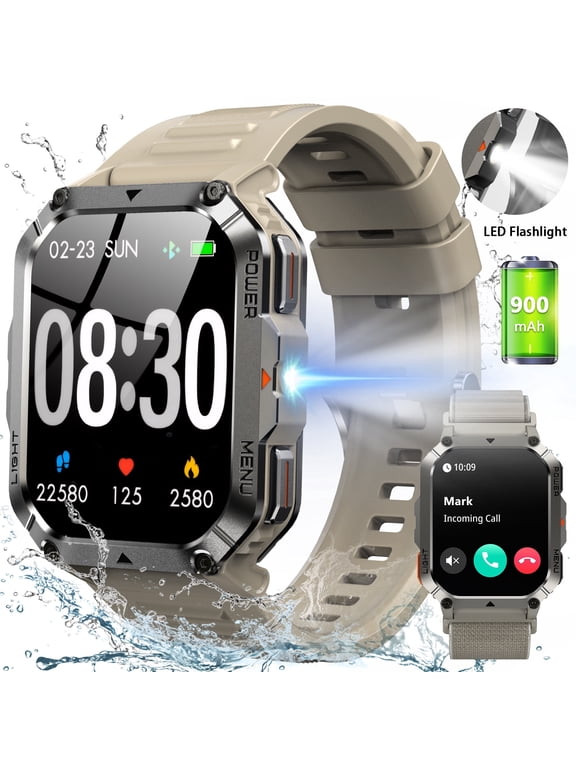 Rugged Smart Watch for Men, 2.01" HD Display Bluetooth Calling Smartwatch with 900mAh Long Battery, Flashlight, Compass, 100+ Sports Modes, Outdoor Fitness Watch for Android iPhone, Khaki