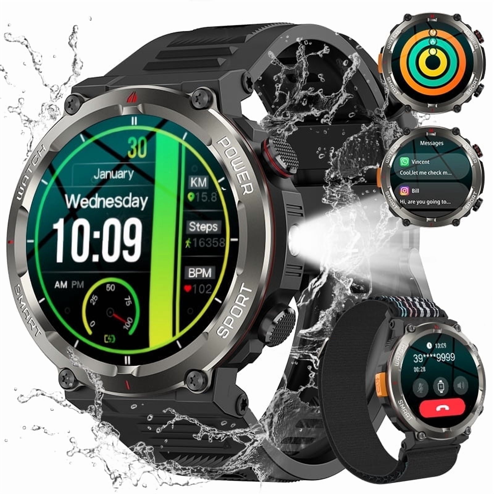 BLACKVIEW 1.45-inch Military Smartwatch for Men,Answer/Make Calls/100+ Sport Modes,Waterproof,Smart Watch compatible with Android IPhone Devices,Black