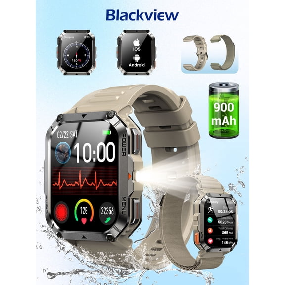 Blackview 1.45-inch Military Smartwatch for Men,Answer/Make Calls/100+ Sport Modes,Waterproof,Smart Watch compatible with Android IPhone Devices,Black