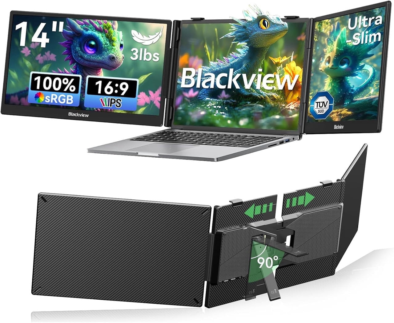 Blackview Laptop Screen Extender, 14" 1080P FHD IPS Triple Portable Monitor, Ultra-Slim Travel Dual Monitor Fit for 13"-17.3" Laptops, USB-C Plug&Play Extended Screen for Windows/Mac/Android/Switch