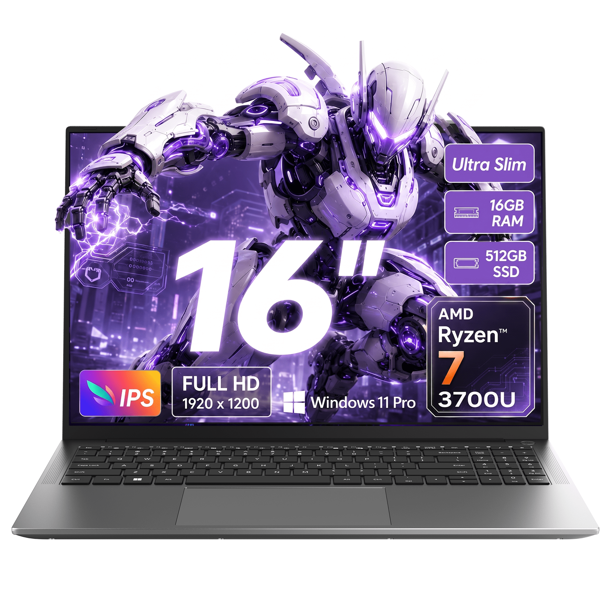 Blackview 16" Windows 11 Pro Laptop, AMD Ryzen 3700U, 16GB DDR4 RAM, 512GB SSD, Radeon RX Vega 10 Graphics, WiFi Bluetooth, Fingerprint Unlock, HDMI 4K, TypeC, for Home and Business
