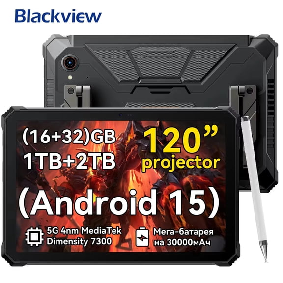 Blackview Active 12 Pro Rugged Projector Tablet 11'' Pad Android 15 16GB 1TB 30000mAh Tablet Phone-Black