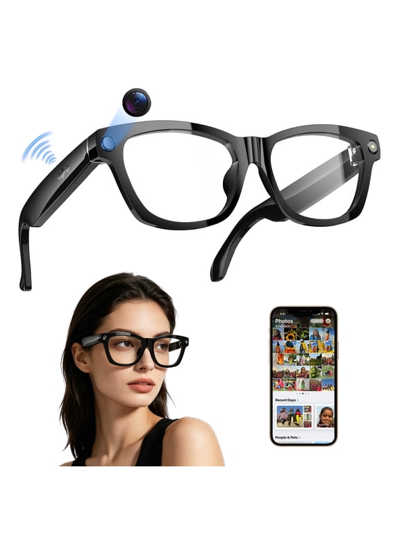 AI Smart Glasses with Camera, 4K HD Video & Photo Capture, Real-Time Translation, Recording Glasses with AI Assistant, Object Recognition, Bluetooth, for Travel (Transparent Lens)