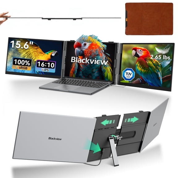Blackview Triple Laptop Screen Extender Monitor 15.6", 1080P FHD IPS Portable Monitor for 14"-17.3" Laptop Extension Travel, Type-C/USB-A/HDMI Plug & Play for Windows/Mac/Mobile