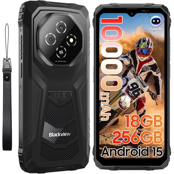 Blackview Fort1 Rugged Smartphone,10000mAh,12GB RAM+256GB/2TB Rugged Phone,Android 15 Phone,16MP AI Camera, 6.56'' 90Hz Display, IP68/69K Waterproof Smartphone NFC, Face ID, Black