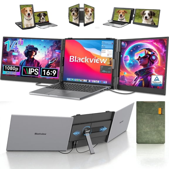 Blackview Laptop Screen Extender, 14 inch Portable Monitor, 1080P FHD IPS Triple Monitor, USB C Dual Travel Screen for Laptops 13-17", Plug&Play Compatible with Windows/Mac/Chrome OS/Mobile Devices