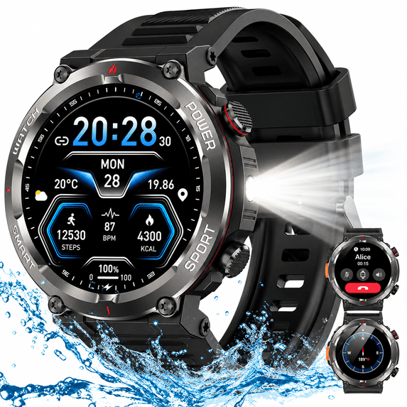 Blackview Military Smart Watch for Men, 1.45" HD Rugged Smartwatch with Calls, LED Flashlight, Compass, 100+ Sports Modes, 960mAh Battery, Waterproof, Compatible with iPhone Android, Khaki,Black
