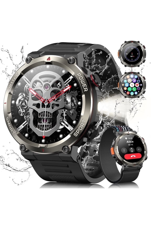 Military Smartwatch for Men,1.45" HD Outdoor Sports Tactical Watch,with Flashlight/Answer/Make Calls,fits for iPhone/Android/Samsung,Black