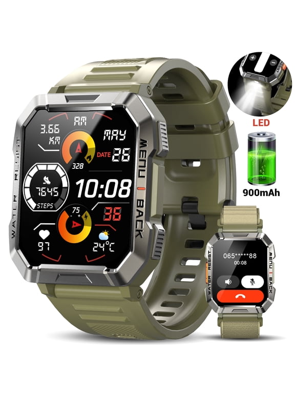 Military Smart Watch for Men,100+ Sport Modes/Call Receive/Dial/Flashlight/ Waterproof,Smartwatch fits for iPhone Android,Green