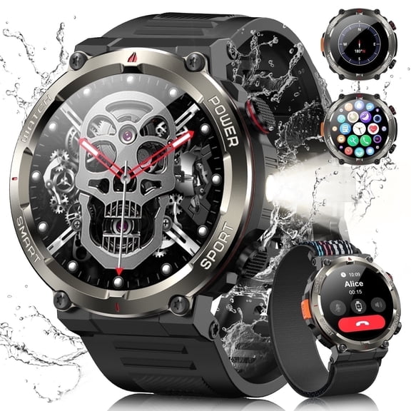 Military Smartwatch for Men,1.45" HD Outdoor Sports Tactical Watch,with Flashlight/Answer/Make Calls,fits for iPhone/Android/Samsung,Black