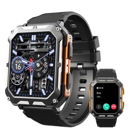 Blackview Military Smart Watch for Men(Answer/Dial Calls),123 Sports Modes, IP68 Waterproof Fitness Watch with 380mAh Large Battery Capacity for Android and iOS,1.83''HD Screen Smartwatch,Orange