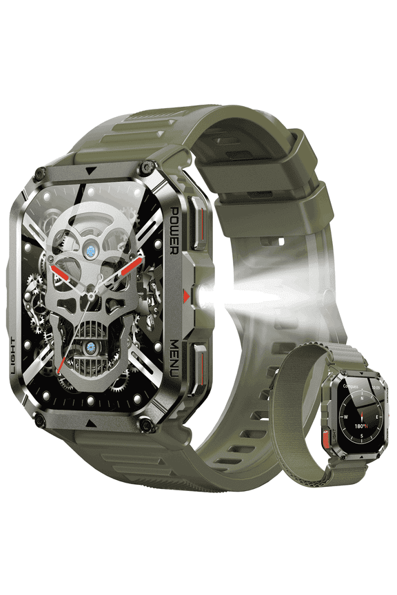 2.01" Military Smart Watch for Men,with Calling,Flashlight,Compass,100+ Sports Modes,Large 900 mAh Battery,fits for Android iPhone,Green