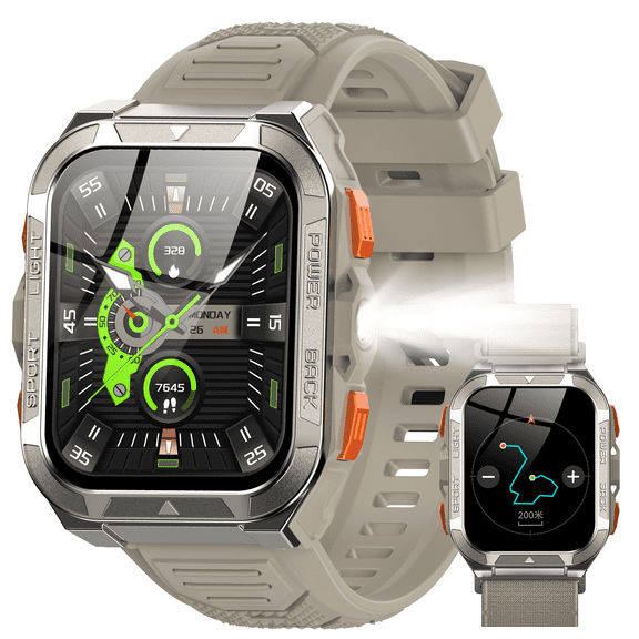 Blackview Military Smart Watch for Men, GPS & Compass Tactical Smartwatch with Bluetooth Calling, Flashlight, 100+ Sports Modes, 960mAh Battery, Rugged Outdoor Fitness Watch for Android iPhone, Khaki