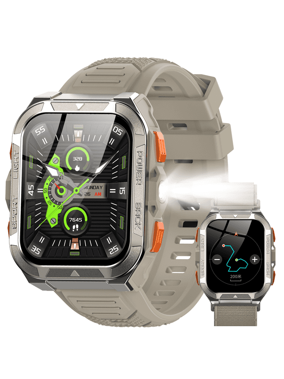 Military Smart Watch for Men, GPS & Compass Tactical Smartwatch with Bluetooth Calling, Flashlight, 100+ Sports Modes, 960mAh Battery, Rugged Outdoor Fitness Watch for Android iPhone, Khaki