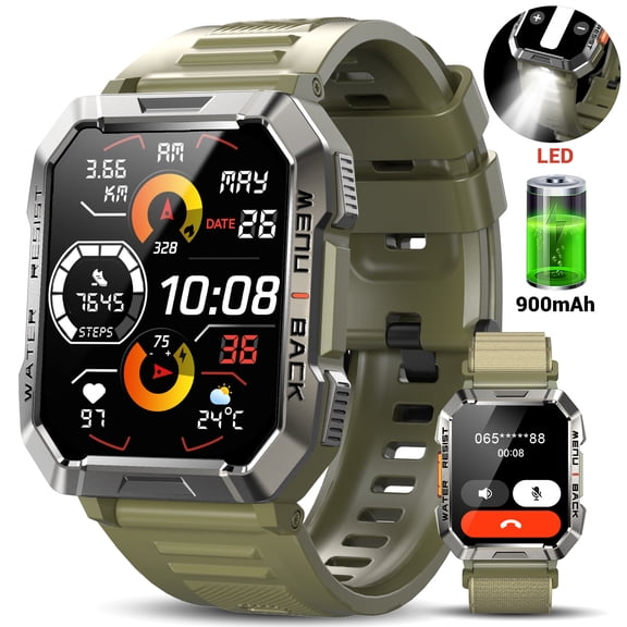 Blackview Military Smart Watch for Men,100+ Sport Modes/Call Receive/Dial/Flashlight/ Waterproof,Smartwatch fits for iPhone Android,Green