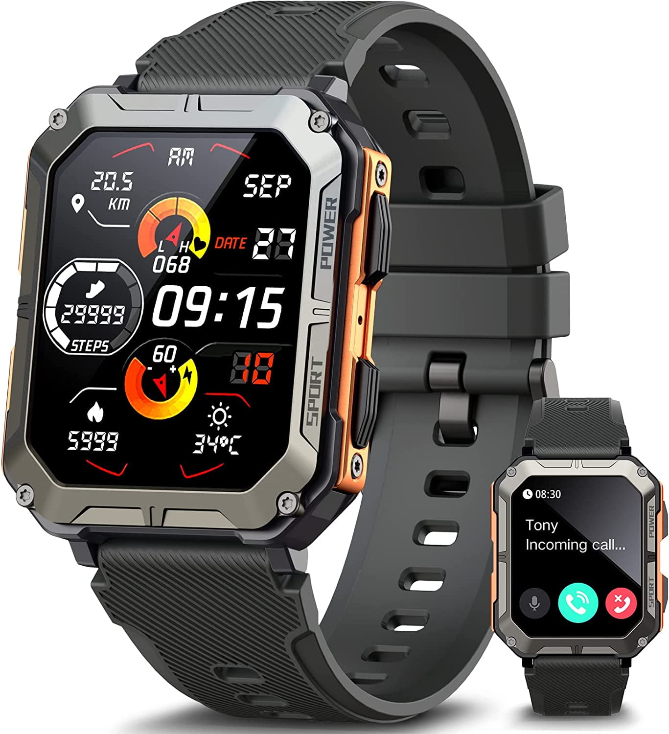 Blackview Military Smart Watches for Men, 1.83 HD Touch Screen Outdoor  Sport Watch with Bluetooth Call(Answer/Make Call), IP68 Waterproof,for  Android and iPhone Compatible, Orange 