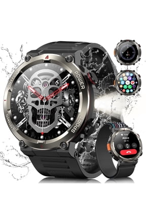 Military Smart Watch for Men, 1.45" HD Rugged Smartwatch with Calls, LED Flashlight, Compass, 100+ Sports Modes, 960mAh Battery, Waterproof, Compatible with iPhone Android, Khaki,Black