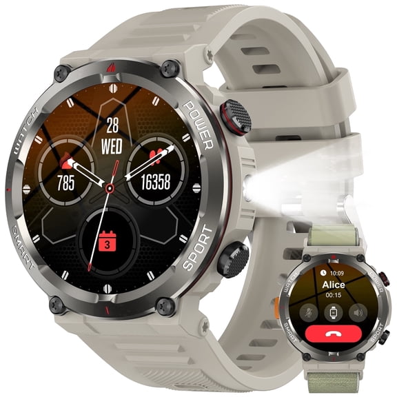 Blackview Military Smart Watch for Men, 1.45" HD Display Bluetooth Calling Smartwatch with Flashlight, Compass, 960mAh Battery, 100+ Sports Modes, Rugged Fitness Watch for Android iPhone, Khaki