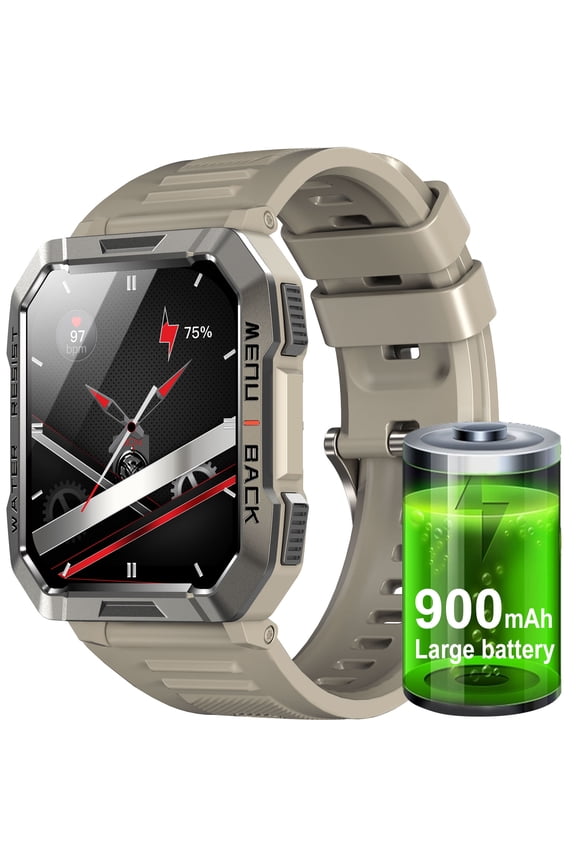 2.01-inch Military Smartwatch for Men,Rugged Fitness Smart Watch fits for Android iPhone,Bluetooth(Answer/Make Calls)/Waterproof,Khaki