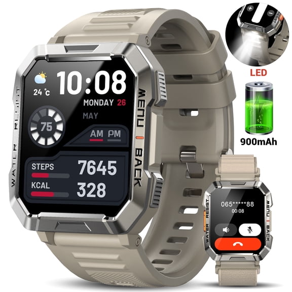 Blackview 2.01-inch Military Smartwatch for Men,Rugged Fitness Smart Watch fits for Android iPhone,Bluetooth(Answer/Make Calls)/Waterproof,Khaki