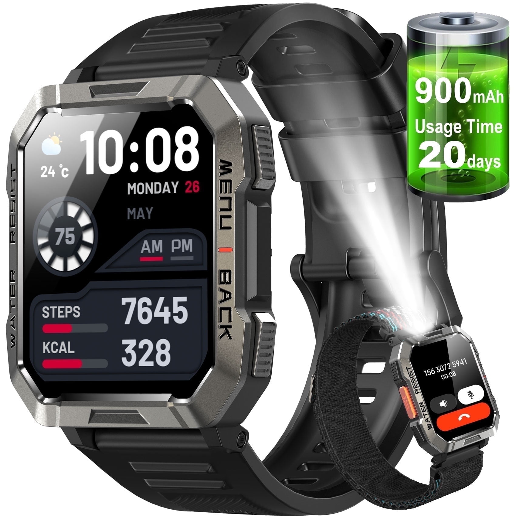 Blackview Military Smart Watches for Men Rugged Fitness Smart Watch fits for Android iPhone, Bluetooth (Answer/Make Calls), IP68 Waterproof 30 Days Long Battery Life, Black