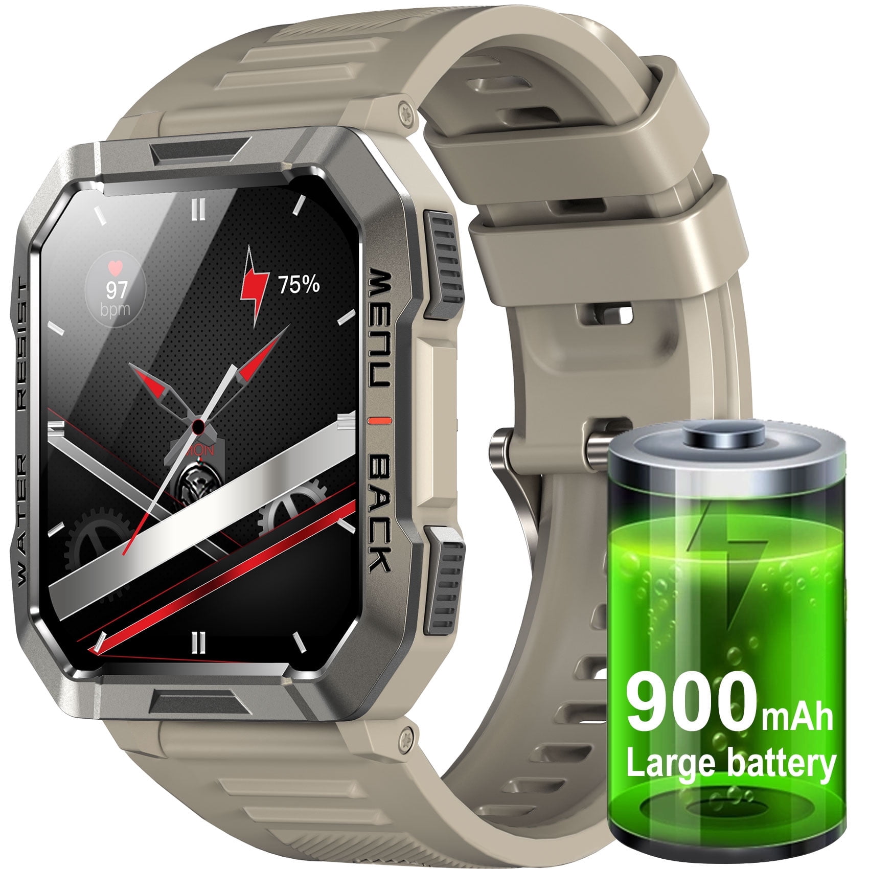 Blackview 2.01-inch Military Smartwatch for Men,Rugged Fitness Smart Watch fits for Android iPhone,Bluetooth(Answer/Make Calls)/Waterproof,Khaki