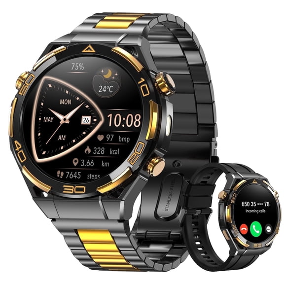 AMOLED GPS Smart Watch for Men, 1.43" HD Display Bluetooth Calling Smartwatch with Steel Band, Compass, Flashlight, 900mAh Battery, Outdoor Fitness Watch for Android iPhone(Black)
