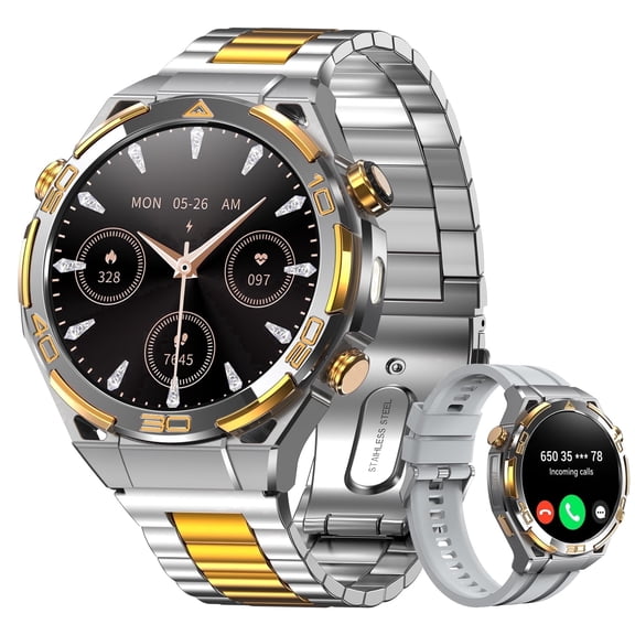 AMOLED GPS Smart Watch for Men, 1.43" HD Display Bluetooth Calling Smartwatch with Steel Band, Compass, Flashlight, 900mAh Battery, Outdoor Fitness Watch for Android iPhone (Silver)