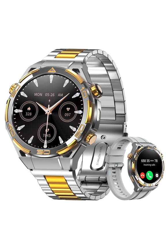 AMOLED GPS Smart Watch for Men, 1.43" HD Display Bluetooth Calling Smartwatch with Steel Band, Compass, Flashlight, 900mAh Battery, Outdoor Fitness Watch for Android iPhone (Silver)