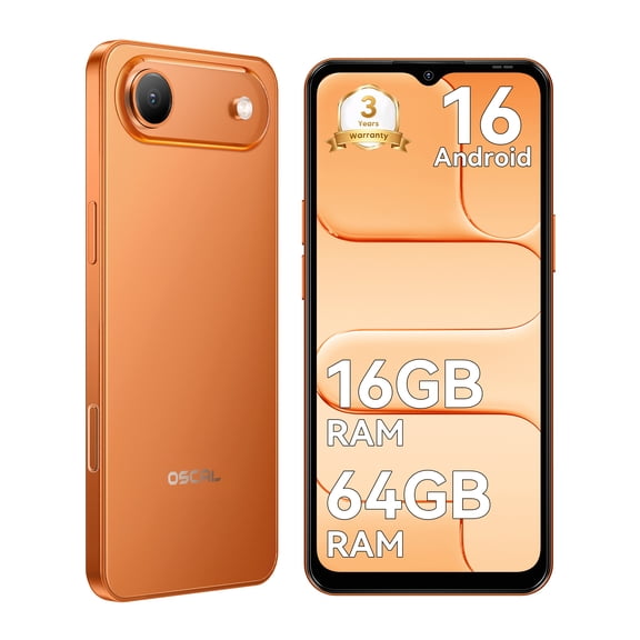 OSCAL FLAT 3C Unlocked Cell Phone,Android 16 T-Mobile Phone with 6.56" HD+ Display,5000mAh Battery,16(4+12)+64GB/1TB Expandable,32MP Rear Camera,IP54,Orange