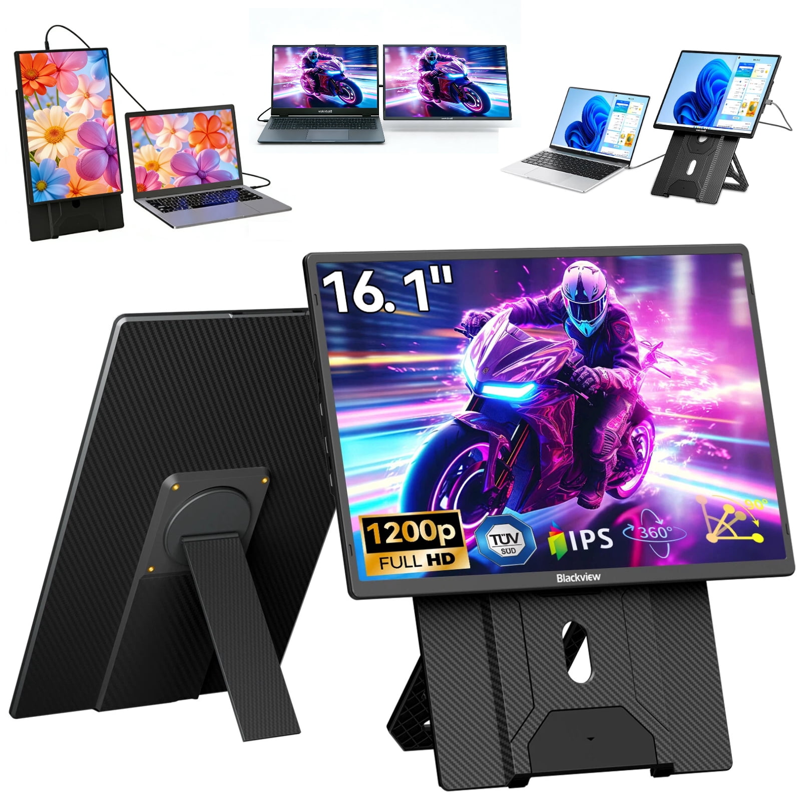 Blackview Laptop Screen Extender 16.1 Inch, Portable Monitor for Laptop with 360°Rotatable Magnetic Stand, FHD 1200P IPS Travel Monitor Laptop Screen, Plug&Play VESA/HDMI/Type-C for Wins/Mac/Android