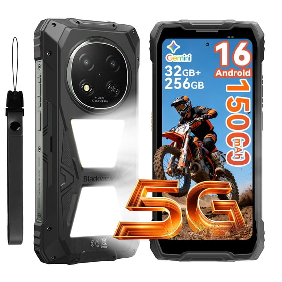 Blackview Rock 2 Pro 5G Rugged Phone,Android 16,6.67" 15000mAh/33W Dual 400LM Camping Light,32GB+256GB/2TB Rugged Smartphone Unlocked,16MP+13MP 2.4K 120Hz Glove Mode/NFC,Black