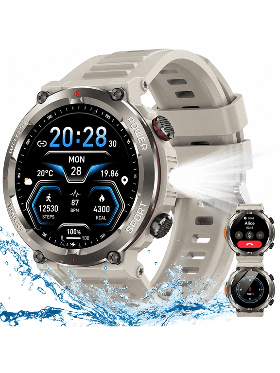 Rugged Smart Watch for Men, 1.45" HD Display Bluetooth Calling Smartwatch with Flashlight, Compass, 960mAh Battery, 100+ Sports Modes, Military Style Fitness Watch for Android iPhone,Khaki