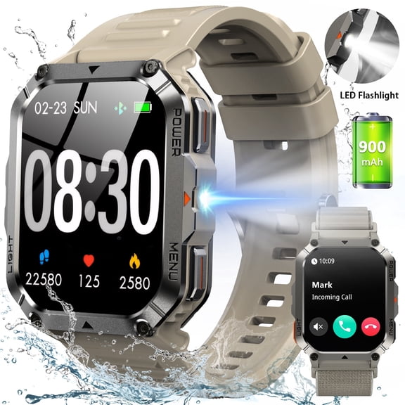 Blackview Rugged Smart Watch for Men, 2.01" HD Display Bluetooth Calling Smartwatch with 900mAh Long Battery, Flashlight, Compass, 100+ Sports Modes, Outdoor Fitness Watch for Android iPhone, Khaki