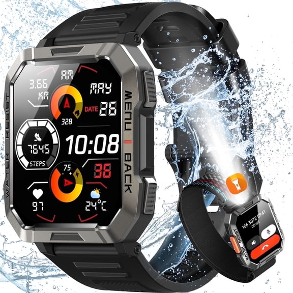 Blackview 2.01-inch Military Smartwatch for Men,with Fitness Tracker/Calling/Flashlight/Compass/900mAh Battery,fits for iPhone Samsung Android,Black