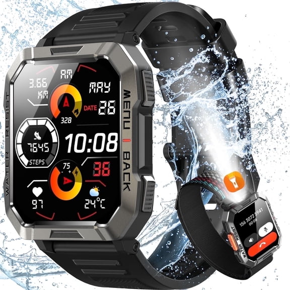 Blackview 2.01-inch Military Smartwatch for Men, with Fitness Tracker/Calling/Flashlight/Compass/900mAh Battery, fits for iPhone, Samsung, and Android.