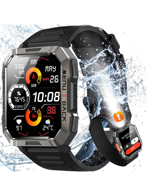 2.01-inch Military Smartwatch for Men, with Fitness Tracker/Calling/Flashlight/Compass/900mAh Battery, fits for iPhone, Samsung, and Android.