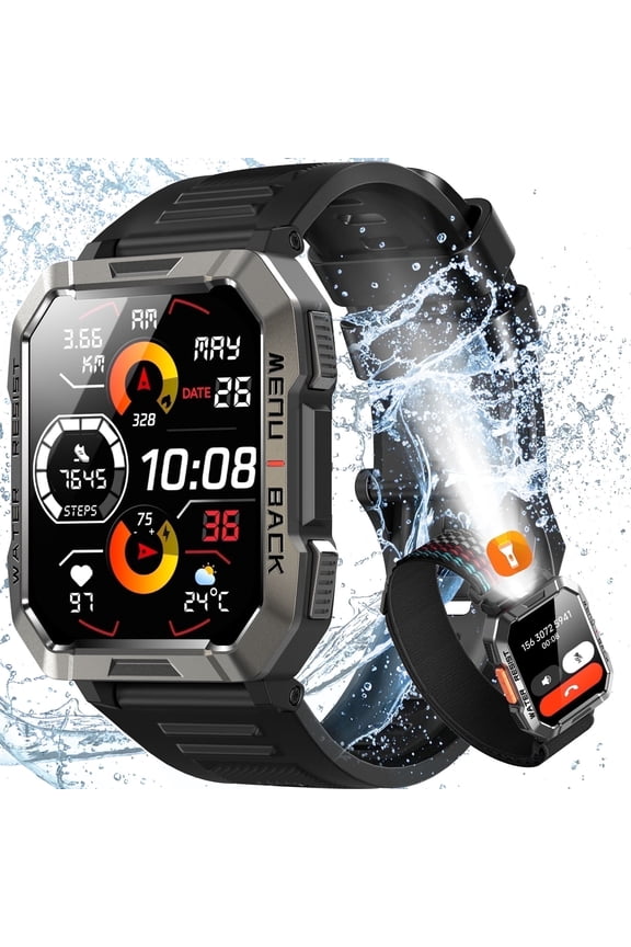 2.01-inch Military Smartwatch for Men,with Fitness Tracker/Calling/Flashlight/Compass/900mAh Battery,fits for iPhone Samsung Android,Black