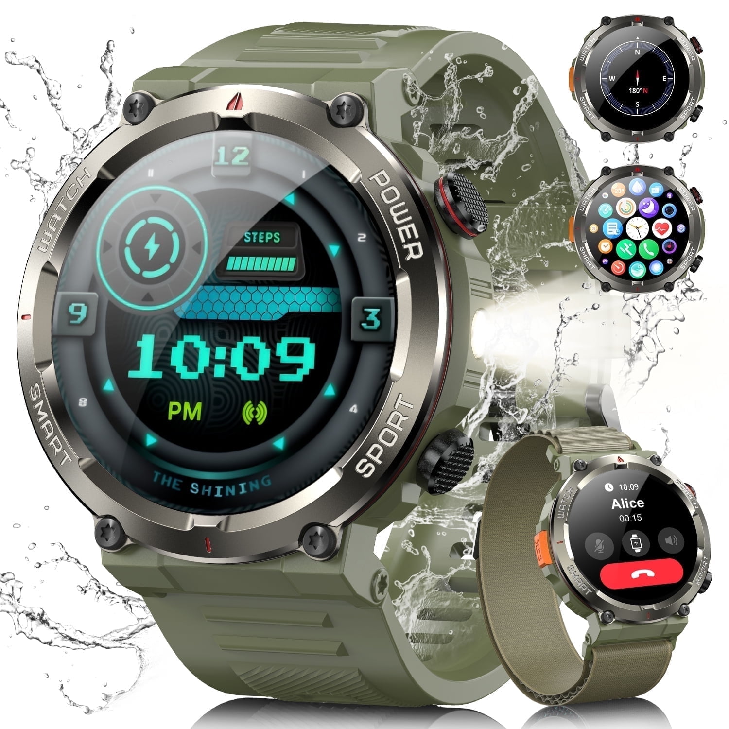 BLACKVIEW 1.45" Waterproof Military Smartwatch for Men,with Calling,Flashlight,Compass,100+ Sports Modes,960mAh Battery,fits for iPhone Android,Green