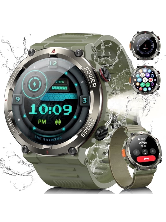 1.45" Waterproof Military Smartwatch for Men,with Calling,Flashlight,Compass,100+ Sports Modes,960mAh Battery,fits for iPhone Android,Green