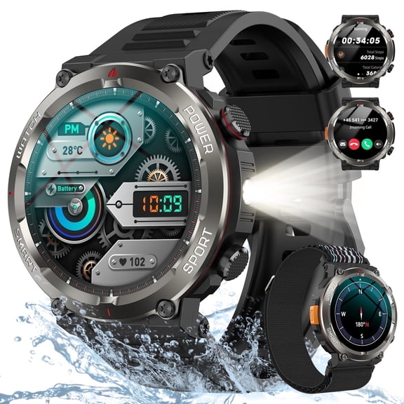 Blackview Rugged Smart Watch for Men, 1.45" HD Display Bluetooth Calling Smartwatch with Flashlight, Compass, 960mAh Battery, 100+ Sports Modes, Military Style Fitness Watch for Android iPhone,Black